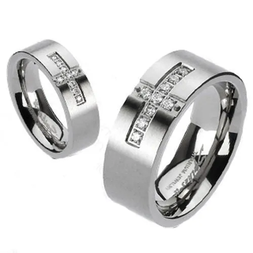 Stunning Dual Finish Mirror Polished Titanium Ring with Pavé CZ Cross on a Matte Band. Couple Ring