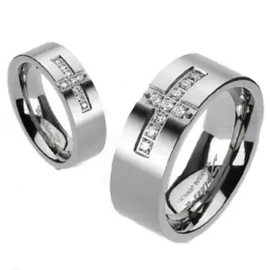 Stunning Dual Finish Mirror Polished Titanium Ring with Pavé CZ Cross on a Matte Band. Couple Ring