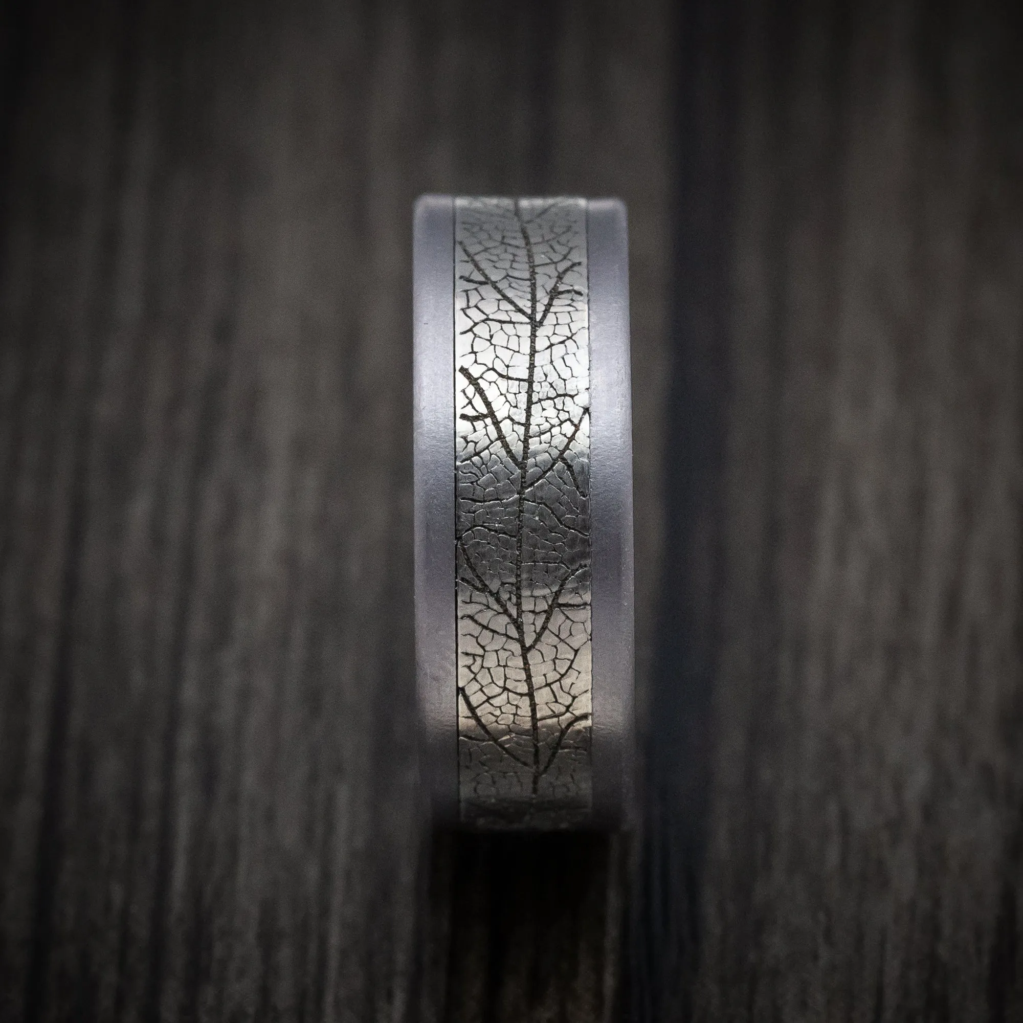 Tantalum and Black Titanium Leaf Pattern Mens Ring