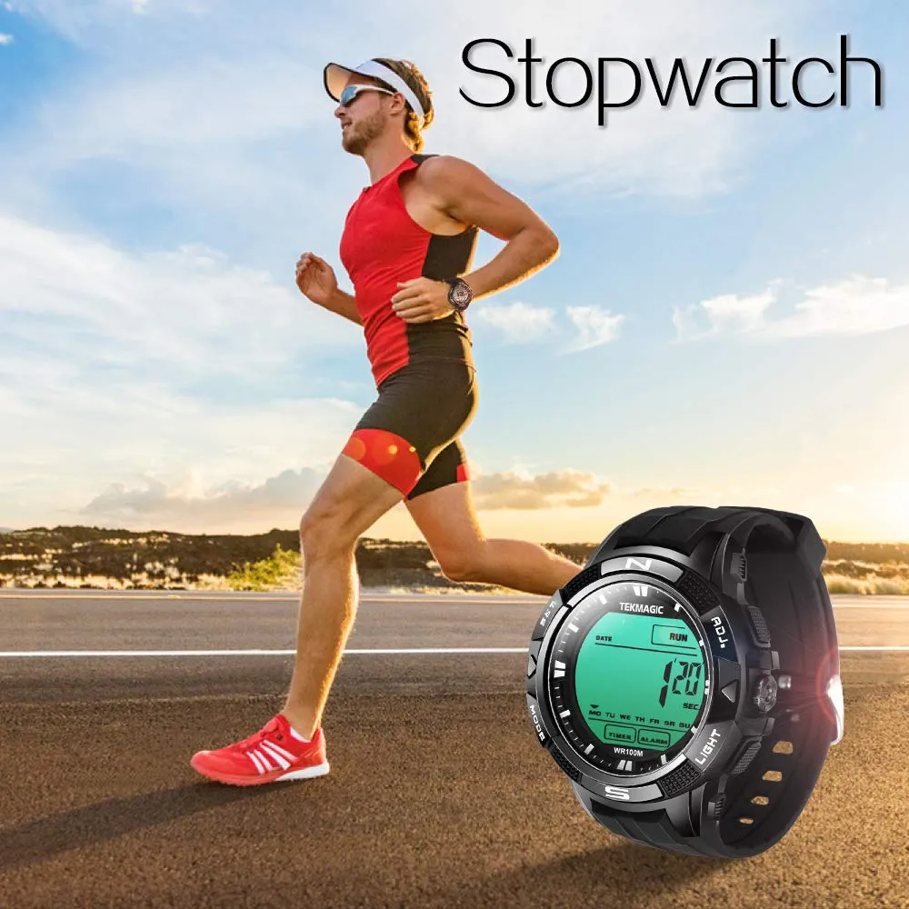 TEKMAGIC Digital Watch 100m Underwater Waterproof for Swimming Diving with Stopwatch, 12/24 Hour Format, Dual Time Zone, Alarm Functions