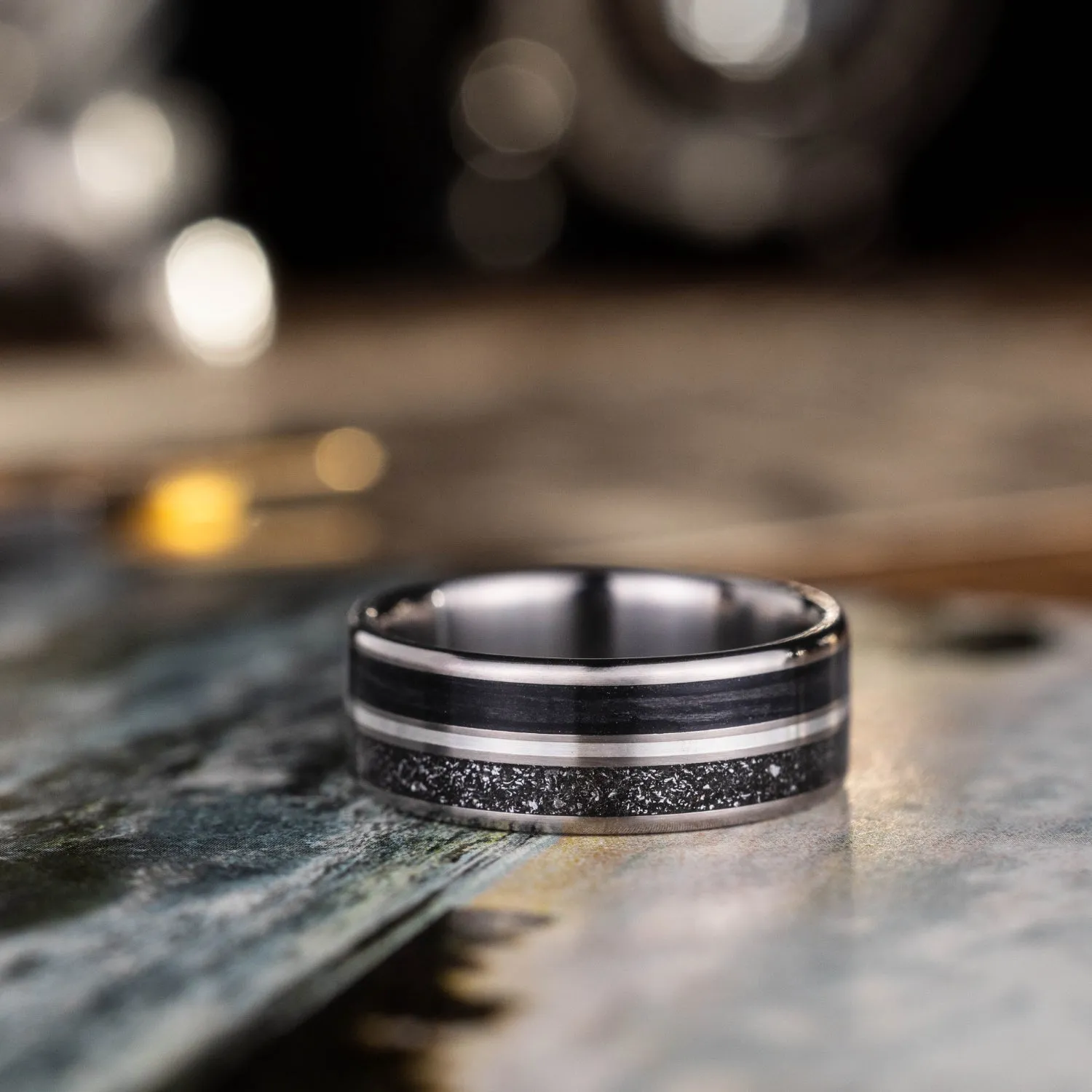 The Alchemist | Men's Titanium Wedding Band with Meteorite & Whiskey Barrel