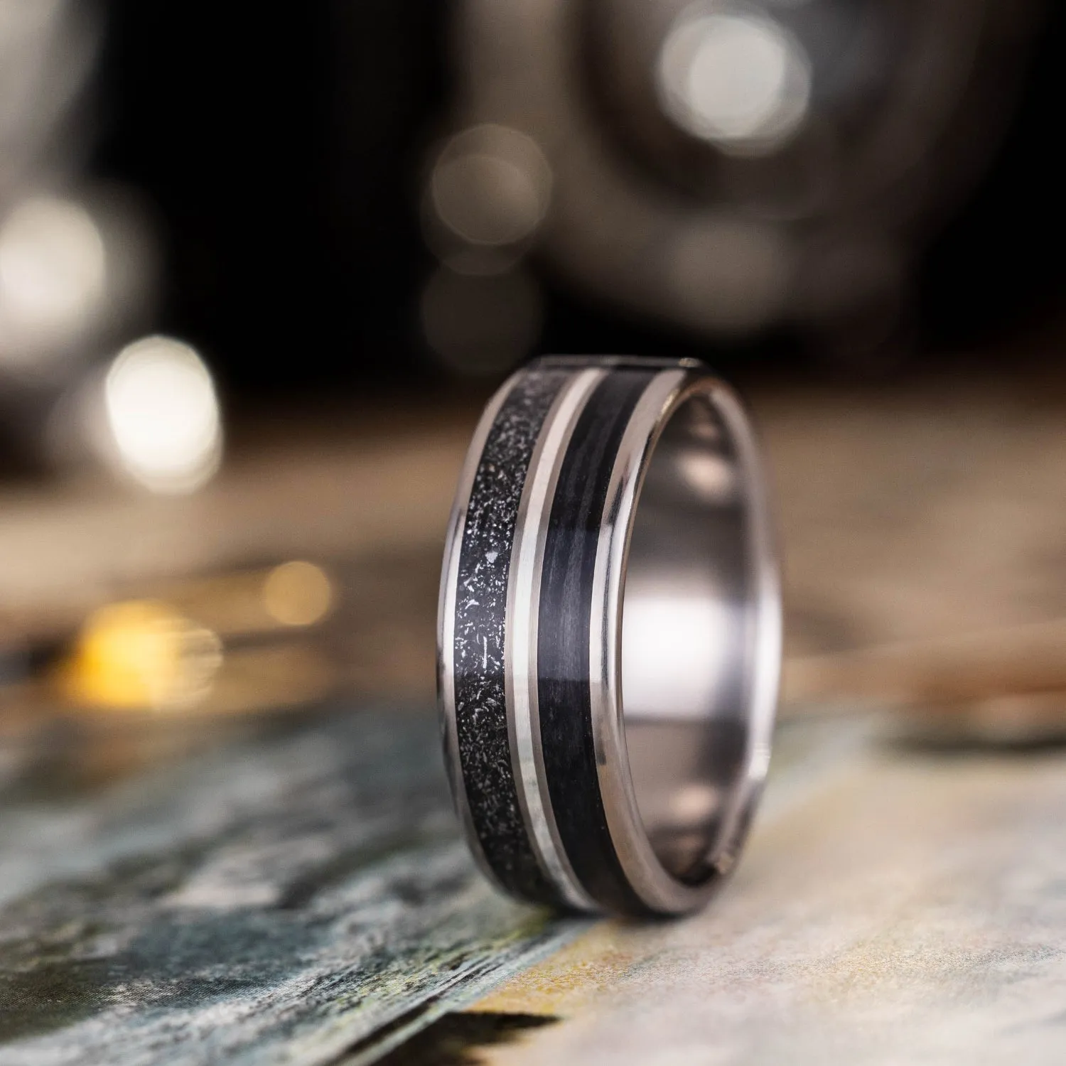 The Alchemist | Men's Titanium Wedding Band with Meteorite & Whiskey Barrel