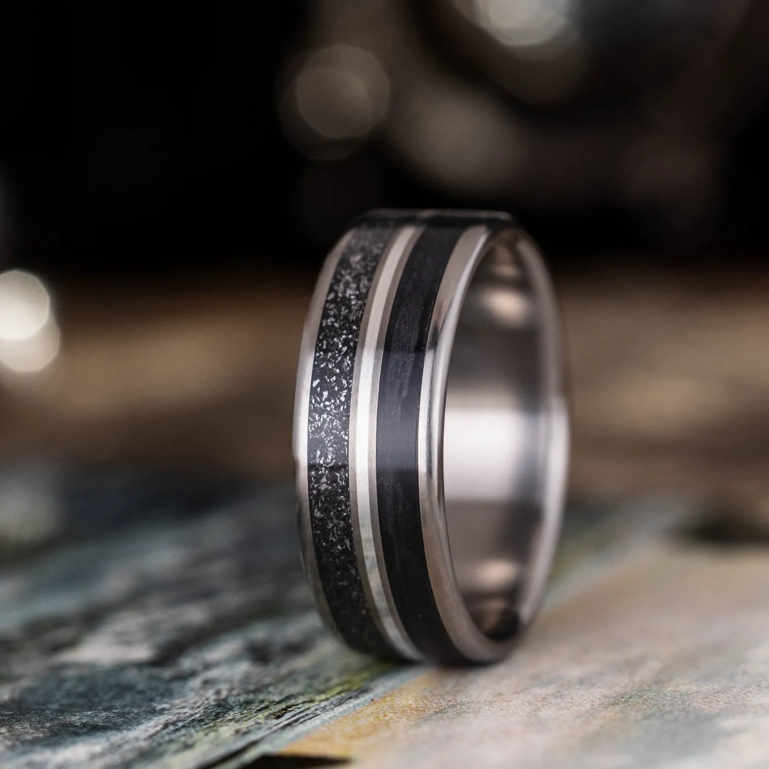 The Alchemist | Men's Titanium Wedding Band with Meteorite & Whiskey Barrel