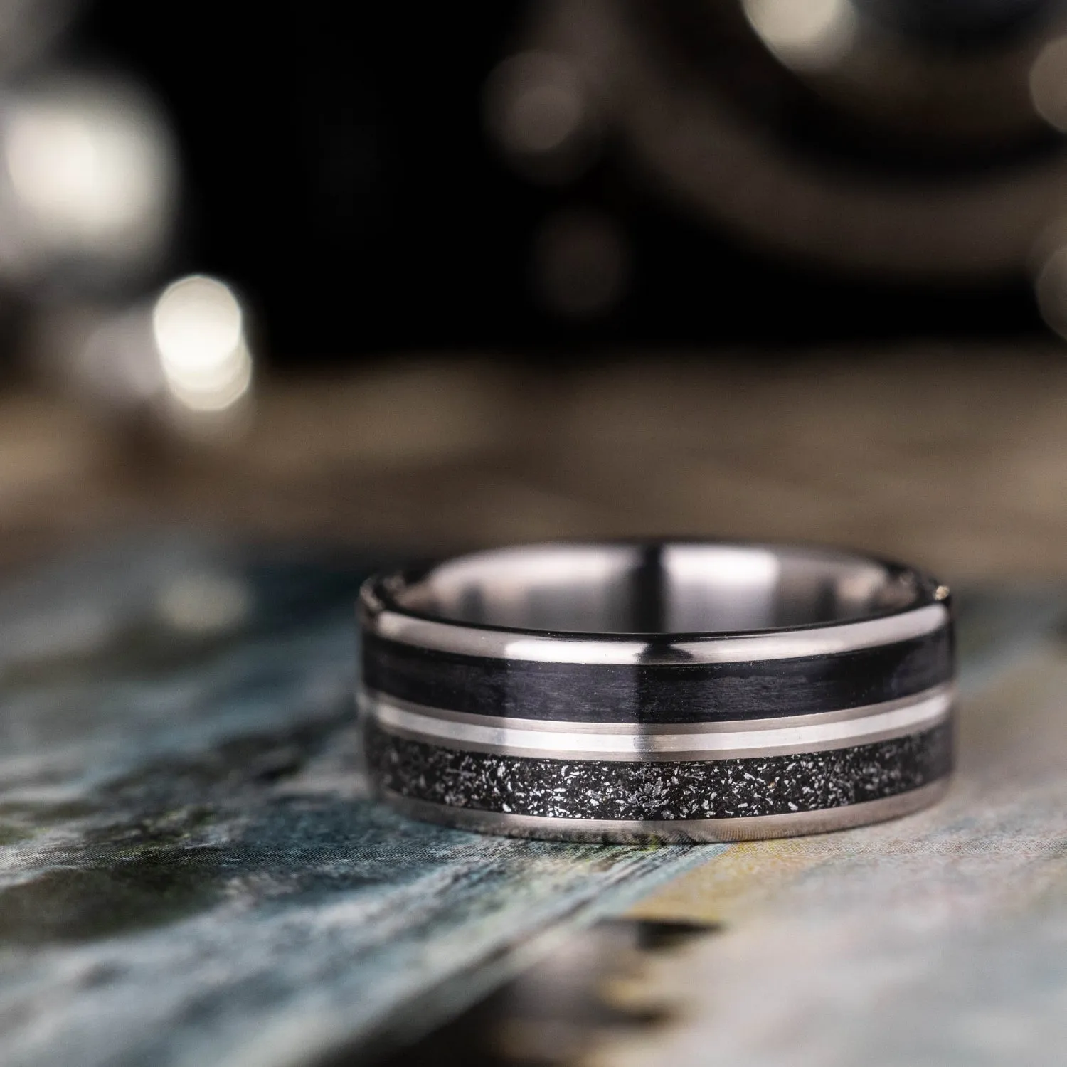 The Alchemist | Men's Titanium Wedding Band with Meteorite & Whiskey Barrel