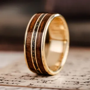 The Navigator | Men's Gold Wedding Band with Meteorite & USS New Jersey Battleship Teak Wood