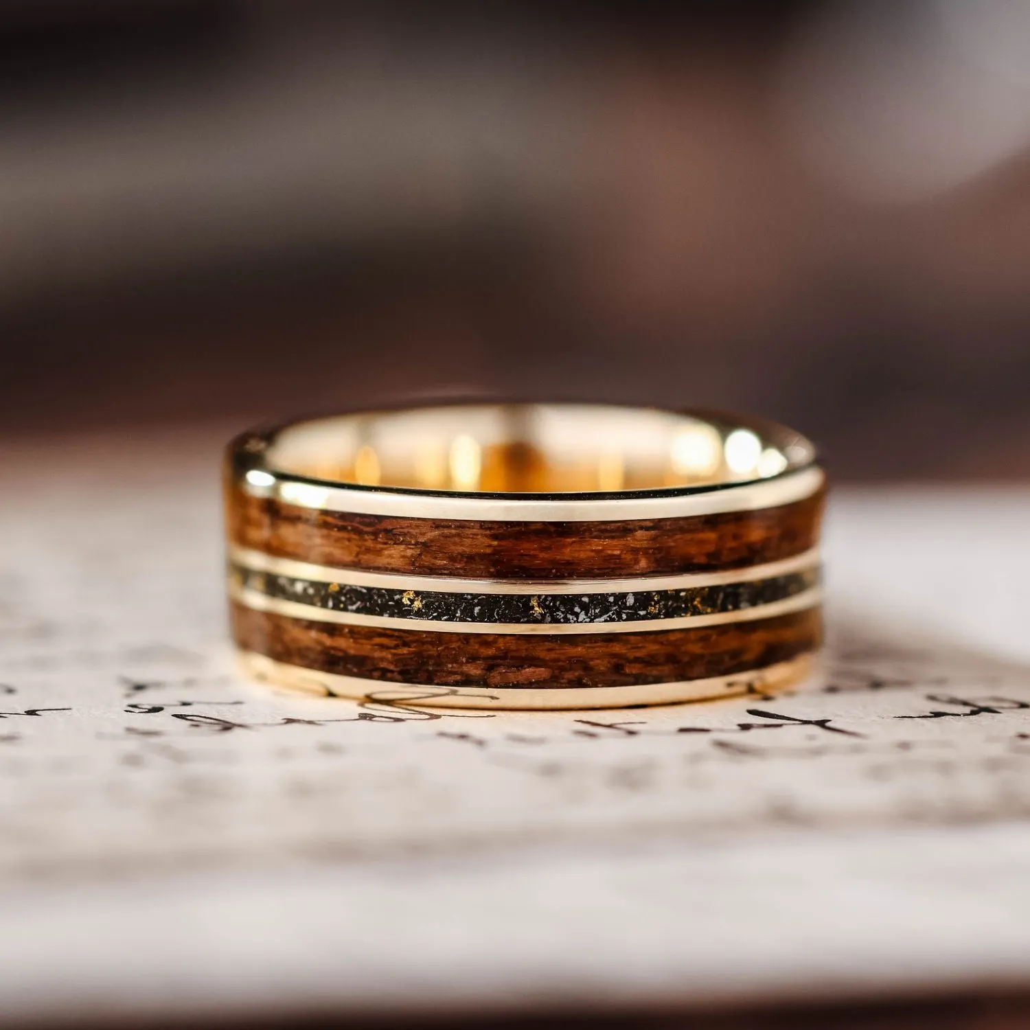 The Navigator | Men's Gold Wedding Band with Meteorite & USS New Jersey Battleship Teak Wood