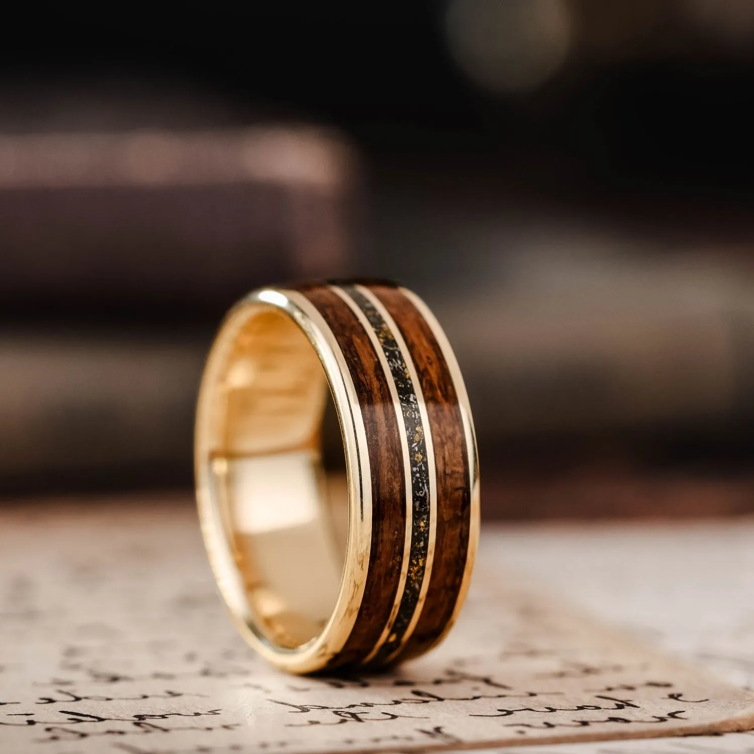 The Navigator | Men's Gold Wedding Band with Meteorite & USS New Jersey Battleship Teak Wood