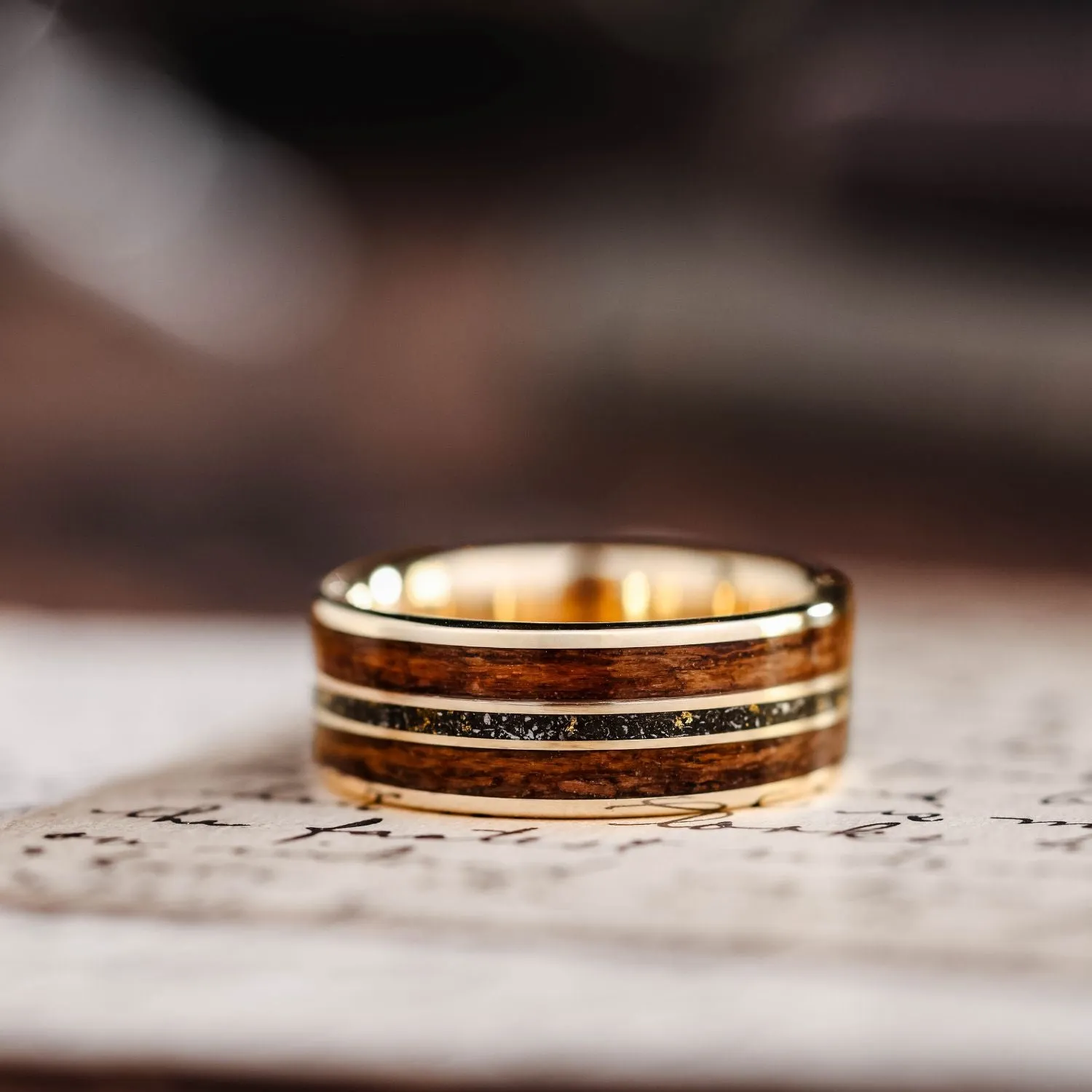 The Navigator | Men's Gold Wedding Band with Meteorite & USS New Jersey Battleship Teak Wood