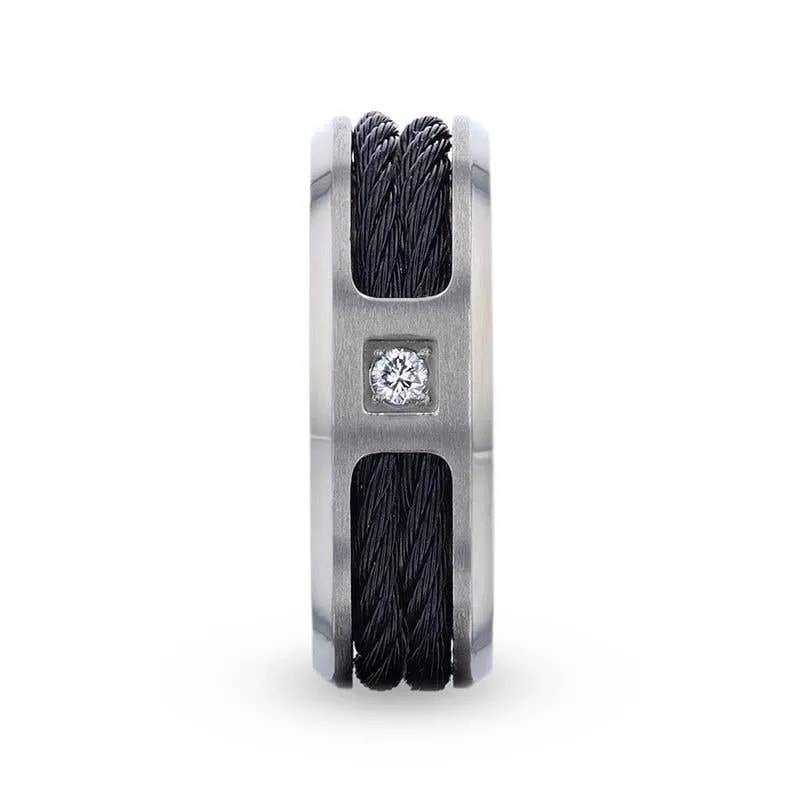 Thorsten SECTOR Black Rope Cables Inlaid Brushed Finish Titanium Men's Wedding Ring with Diamond Centered And Beveled Polished Edges - 8mm