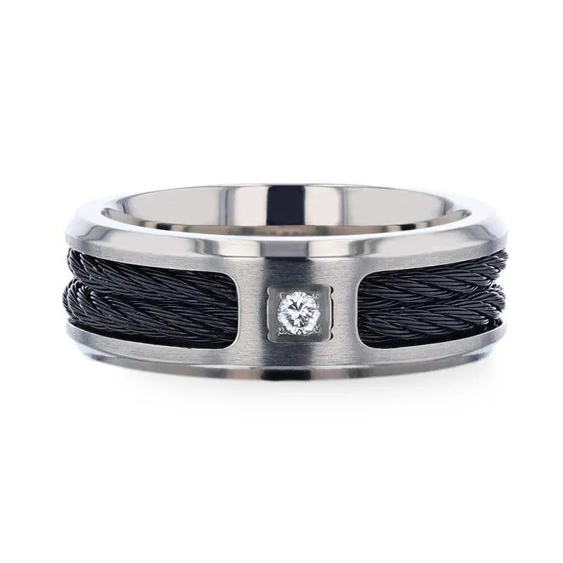 Thorsten SECTOR Black Rope Cables Inlaid Brushed Finish Titanium Men's Wedding Ring with Diamond Centered And Beveled Polished Edges - 8mm