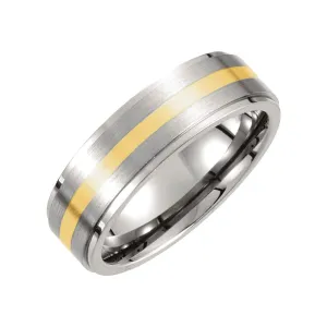 Titanium & 14k Yellow Gold Inlay 7mm Ridged & Satin Finished Band Size 10.5