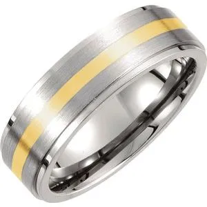 Titanium & 14K Yellow Inlay 7 mm Ridged & Satin Finished Band Size 10.5