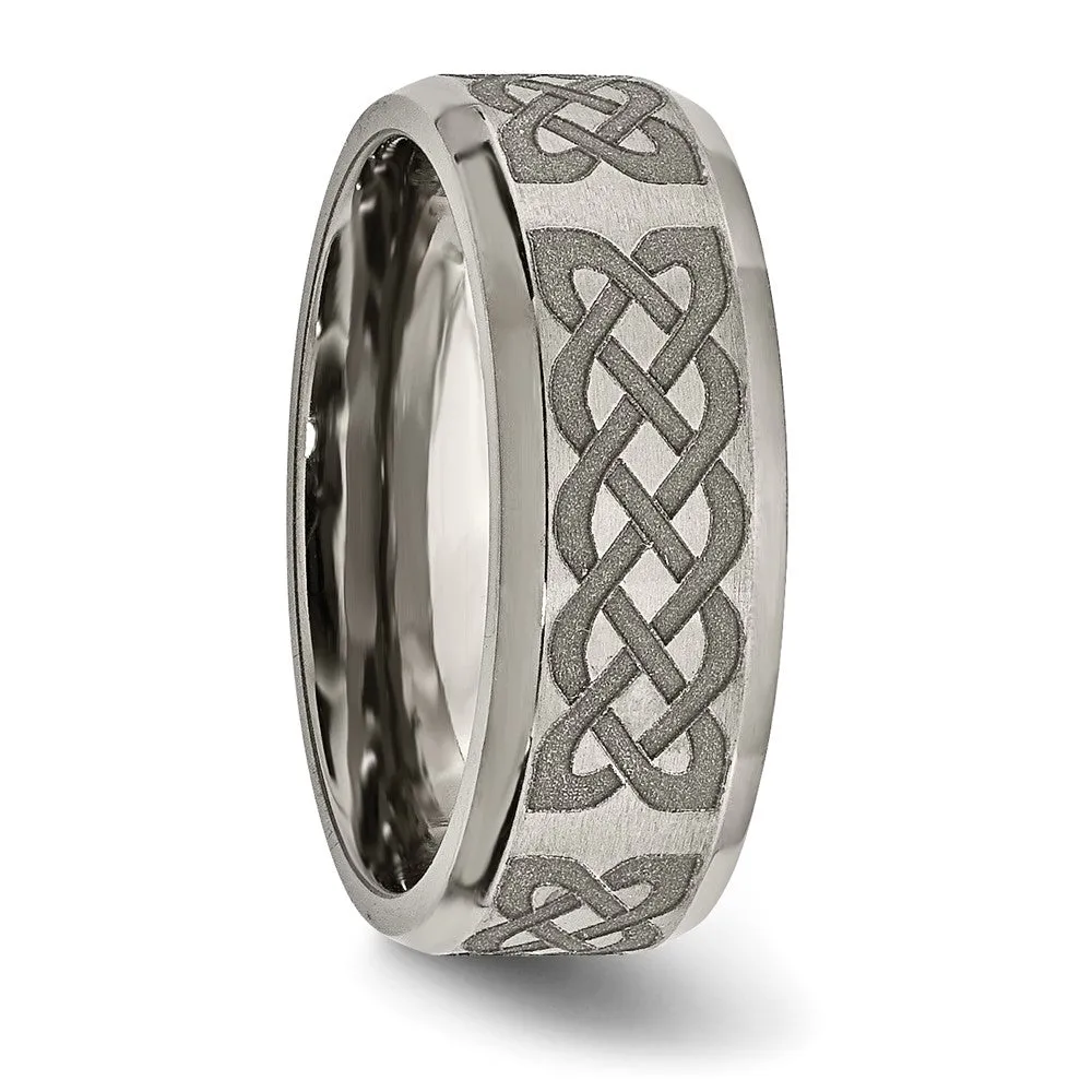 Titanium Brushed & Polished Celtic Laser Design 8mm Beveled Edge Band