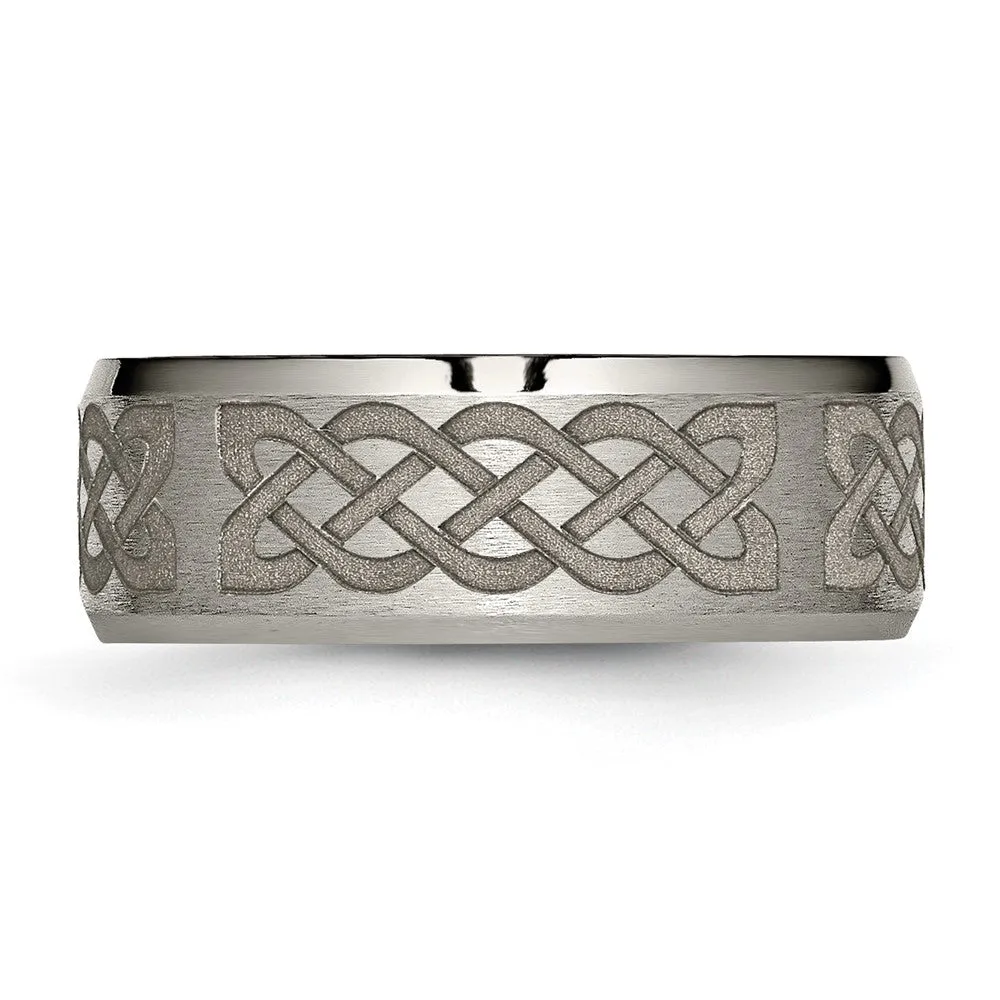 Titanium Brushed & Polished Celtic Laser Design 8mm Beveled Edge Band