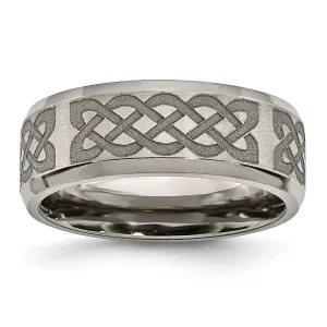 Titanium Brushed & Polished Celtic Laser Design 8mm Beveled Edge Band