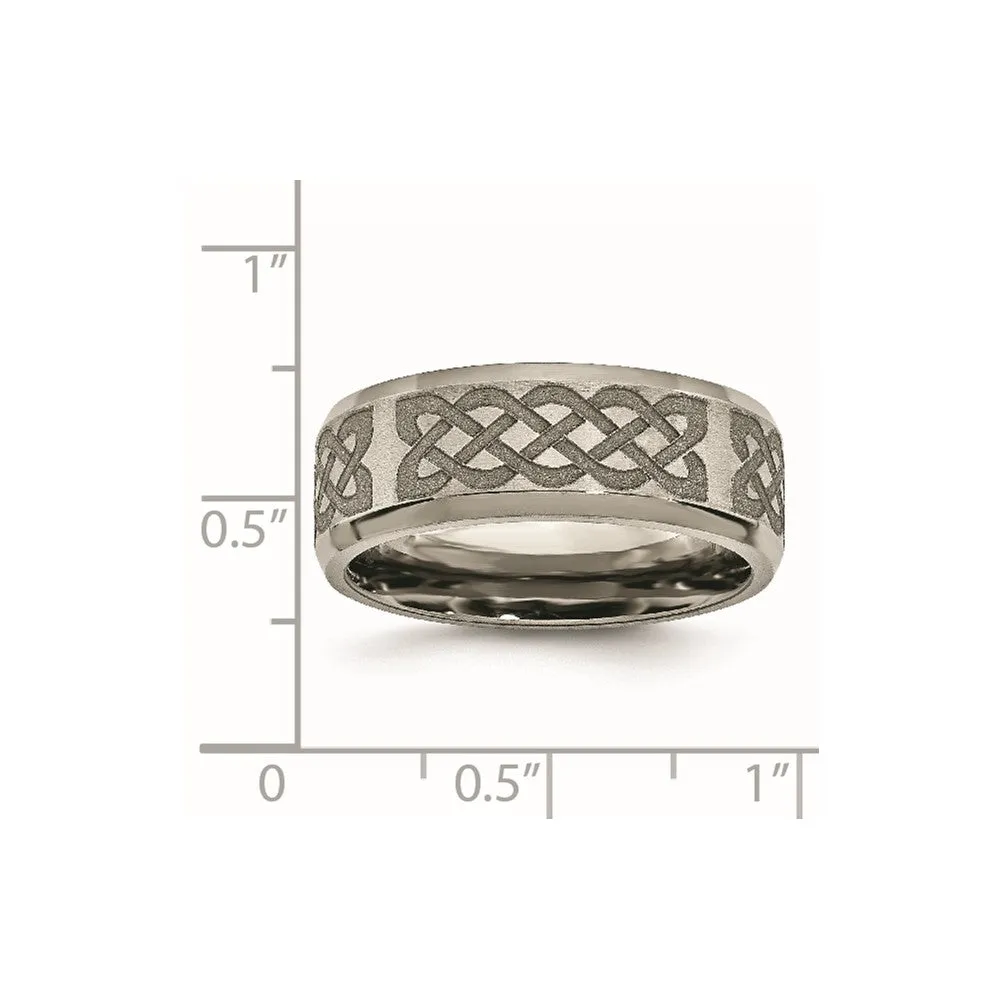 Titanium Brushed & Polished Celtic Laser Design 8mm Beveled Edge Band