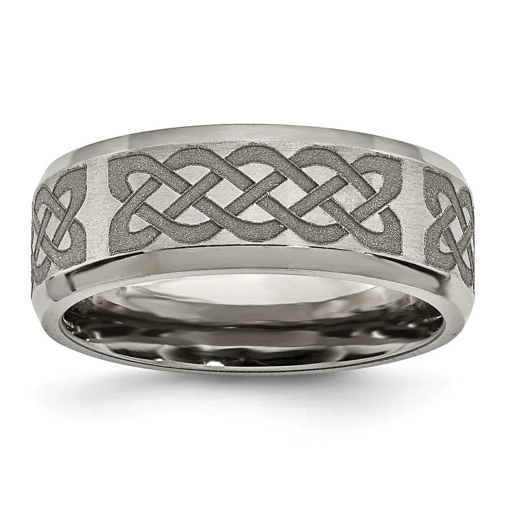 Titanium Brushed & Polished Celtic Laser Design 8mm Beveled Edge Band