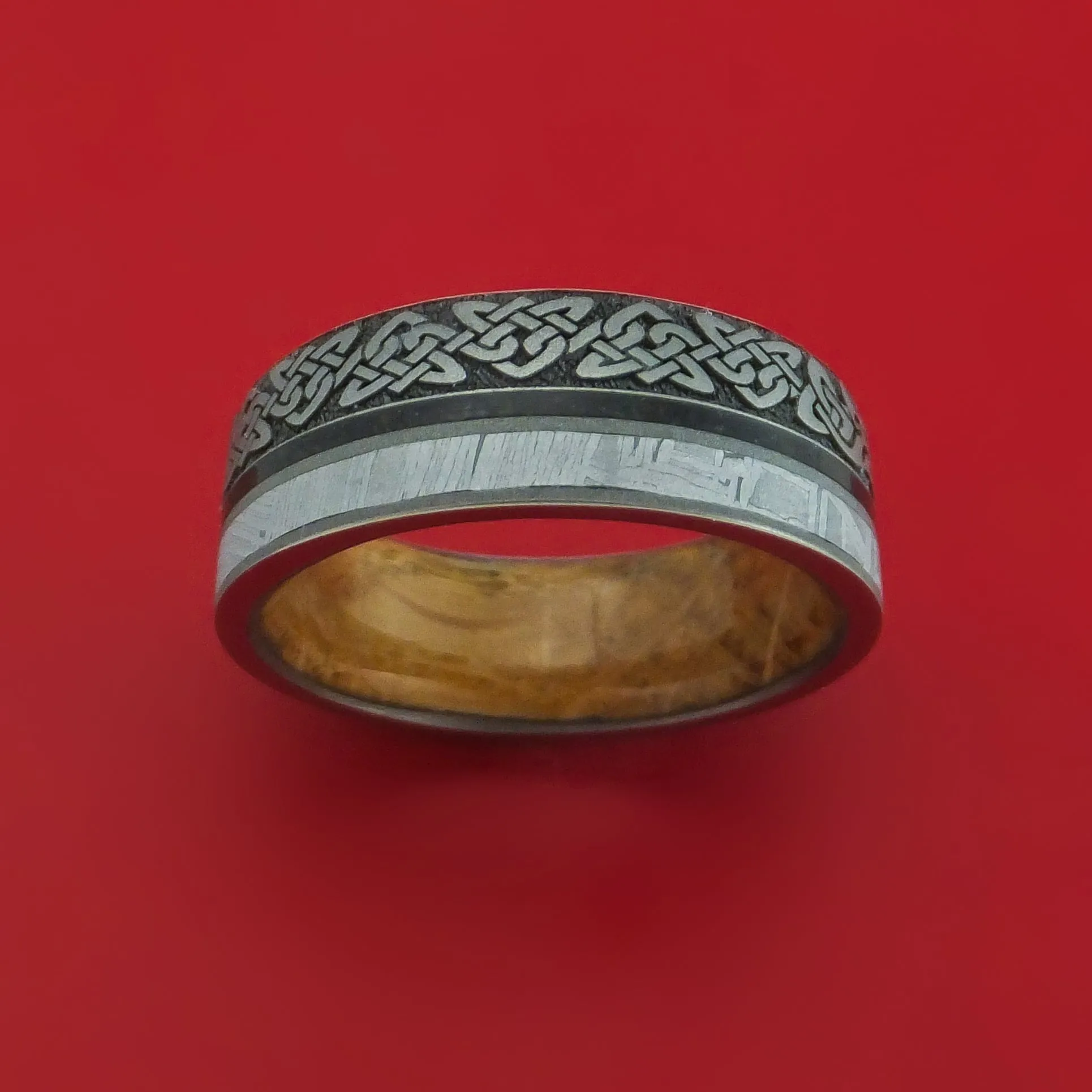 Titanium Dragon Celtic Ring with Meteorite and Dinosaur Bone along with a Hardwood Sleeve