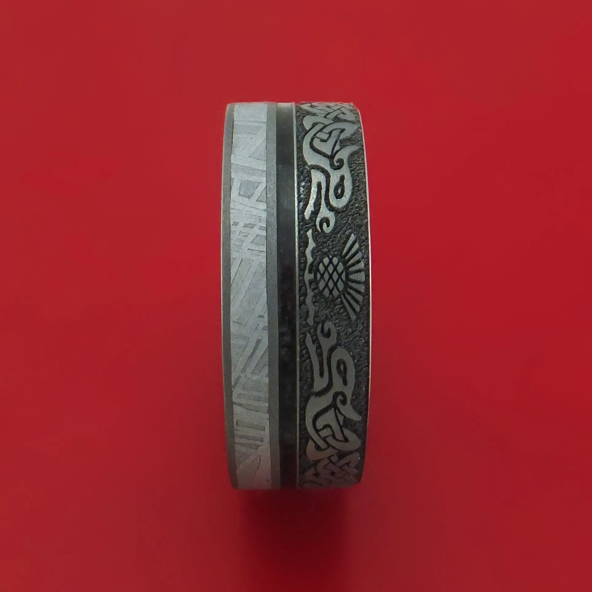 Titanium Dragon Celtic Ring with Meteorite and Dinosaur Bone along with a Hardwood Sleeve