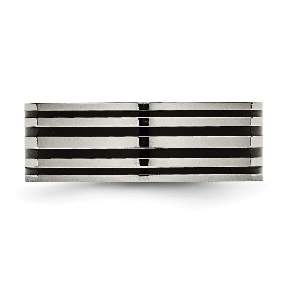 Titanium Polished Black Enamel Striped 8mm Flat Band