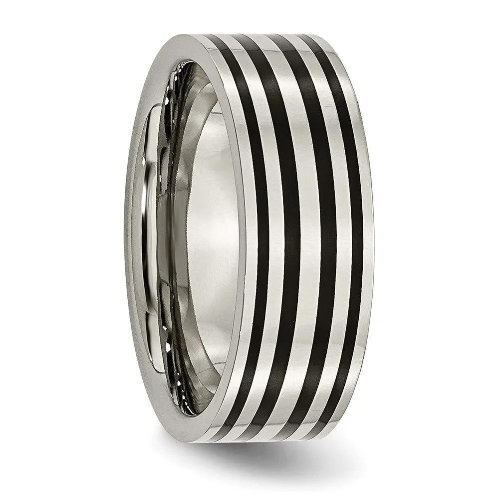 Titanium Polished Black Enamel Striped 8mm Flat Band