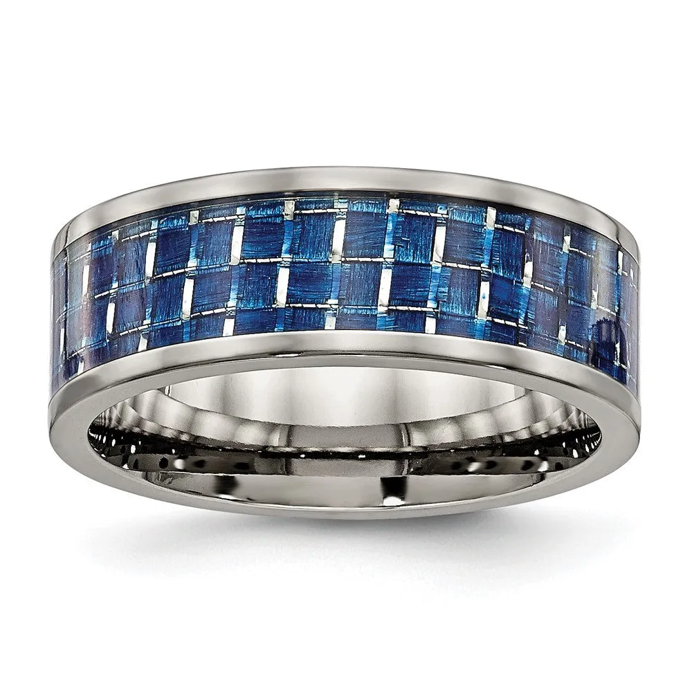 Titanium Polished w/Blue Carbon Fiber Inlay 8mm Flat Band