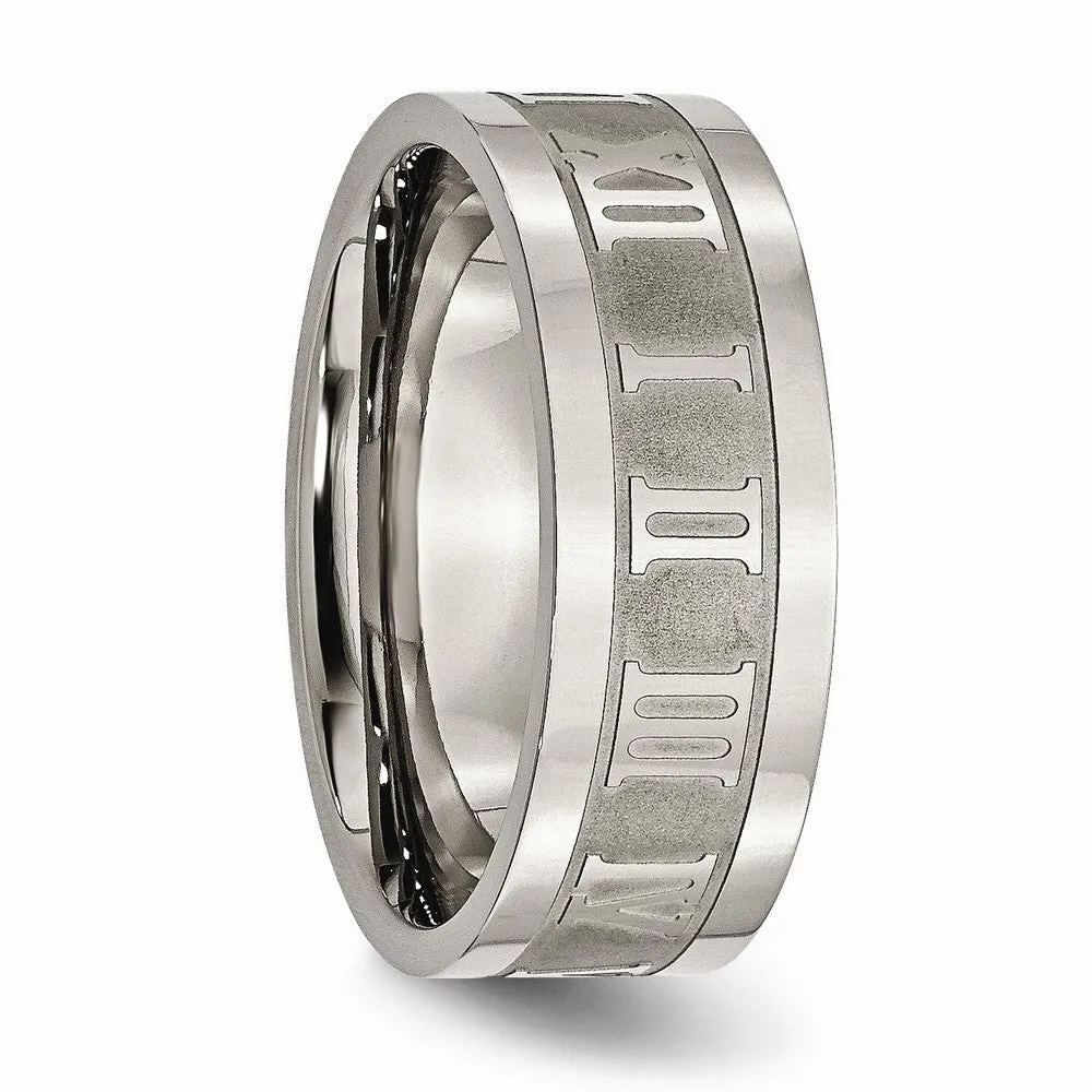 Titanium Roman Numerals 8mm Satin & Polished Flat Band