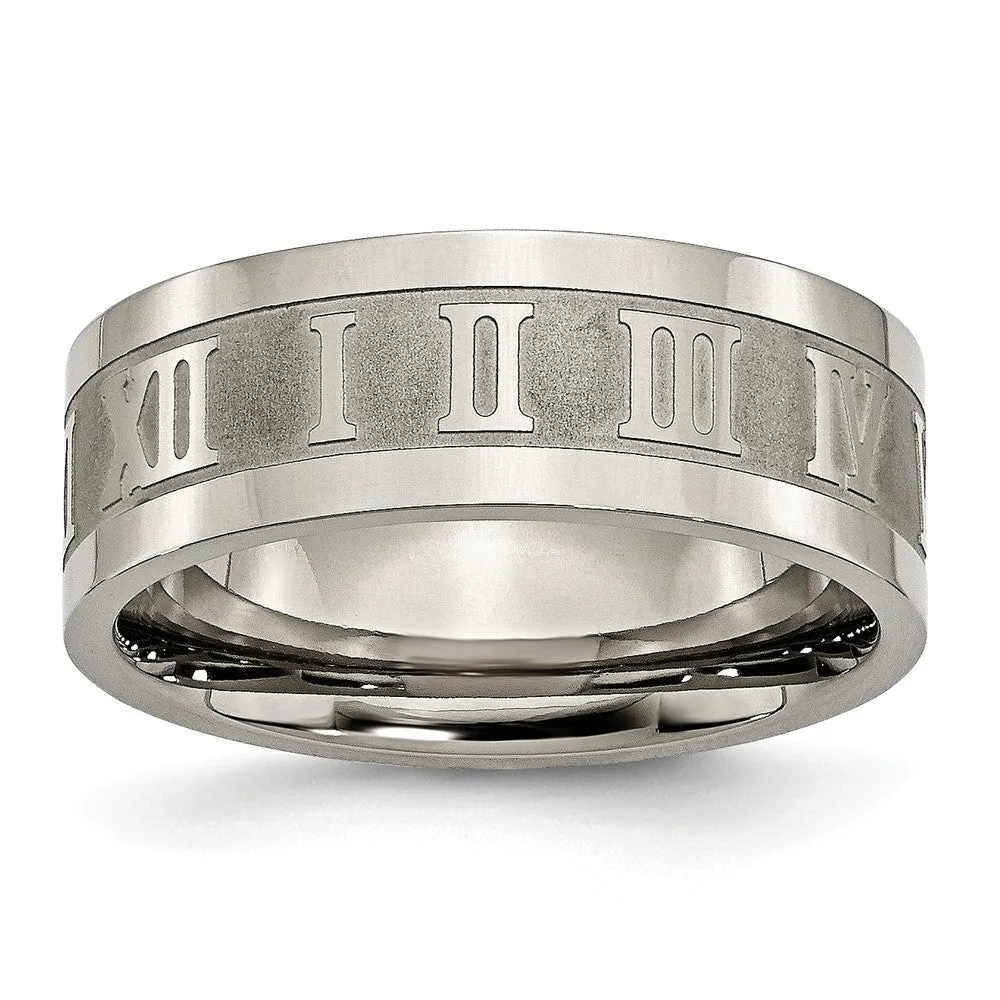 Titanium Roman Numerals 8mm Satin & Polished Flat Band