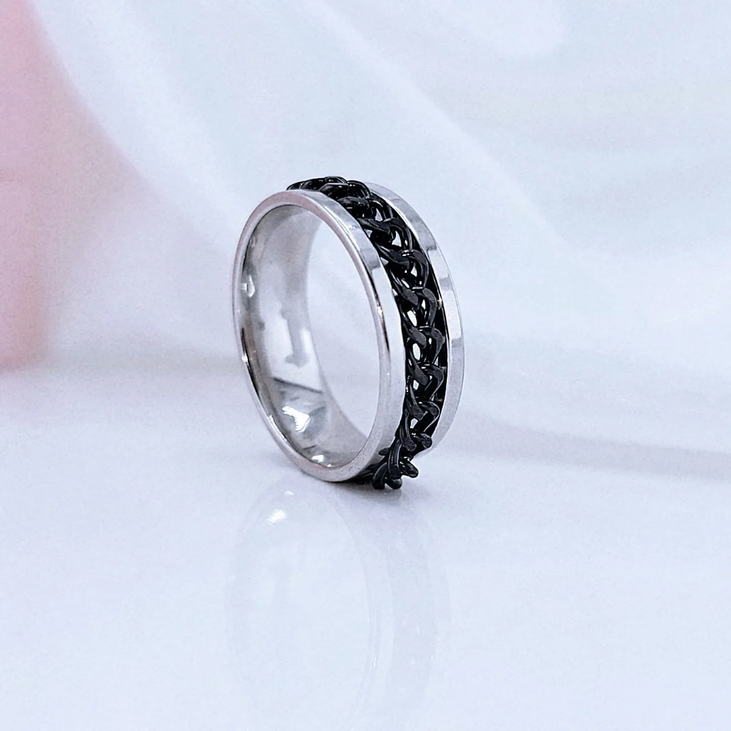 Titanium Stainless Steel Black Chain Spinner Ring - Black Diamonds New Ring