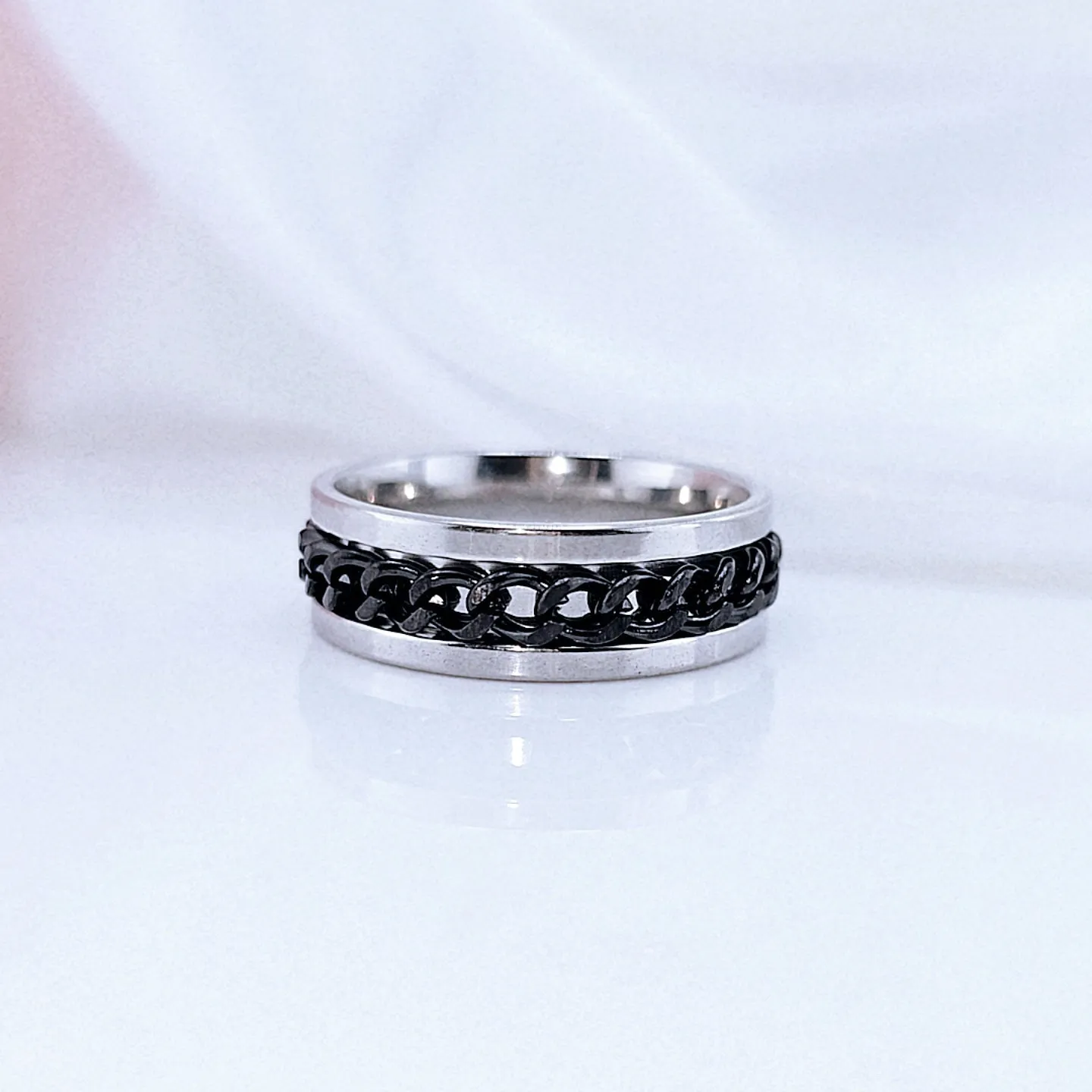 Titanium Stainless Steel Black Chain Spinner Ring - Black Diamonds New Ring