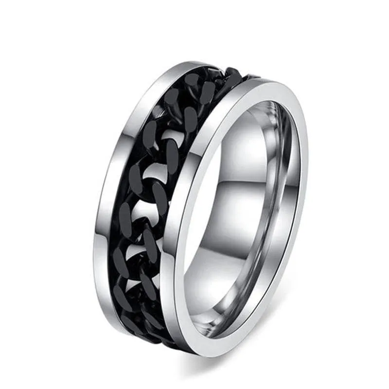 Titanium Stainless Steel Black Chain Spinner Ring - Black Diamonds New Ring