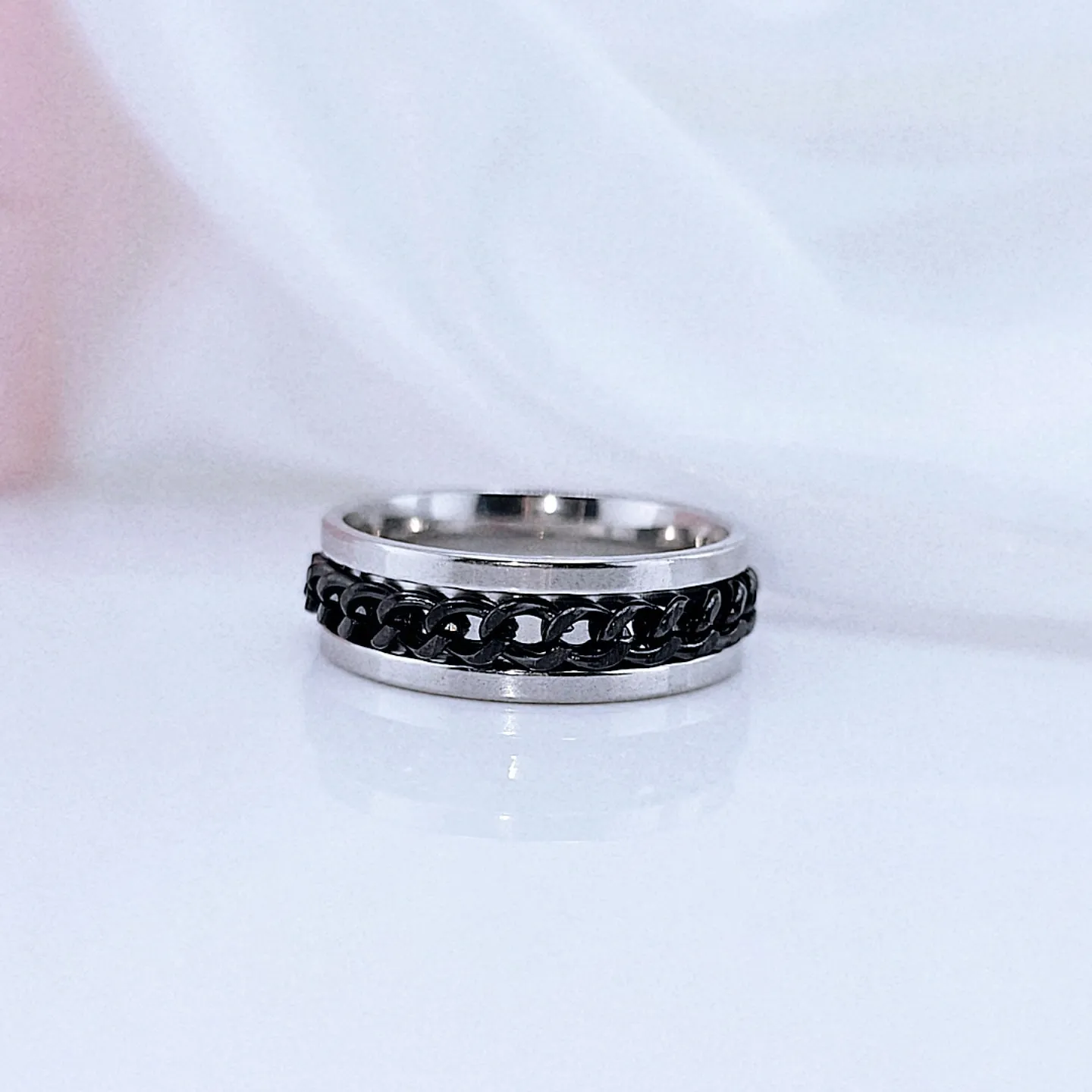 Titanium Stainless Steel Black Chain Spinner Ring - Black Diamonds New Ring