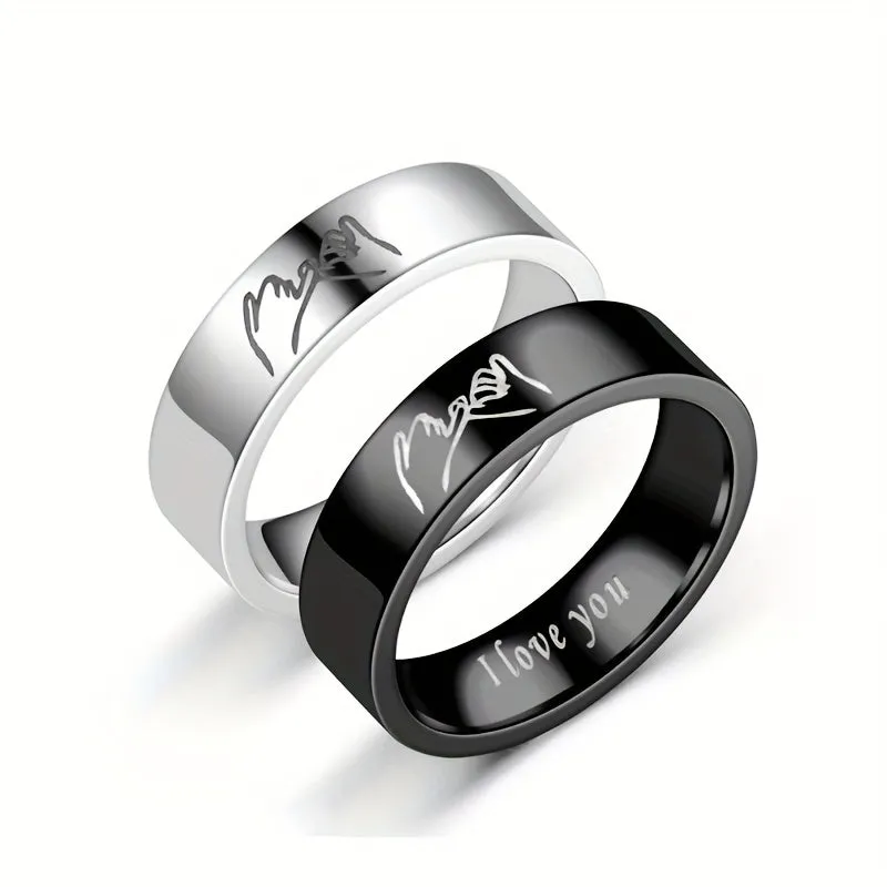 Titanium Steel Couple Pair Ring I Love You Handshake Jewelry
