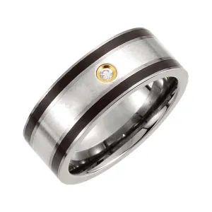 Titanium, Sterling Silver Inlay, Black Enamel & 14K Gold Plate 9mm .06 CTW Diamond Band Size 9.5