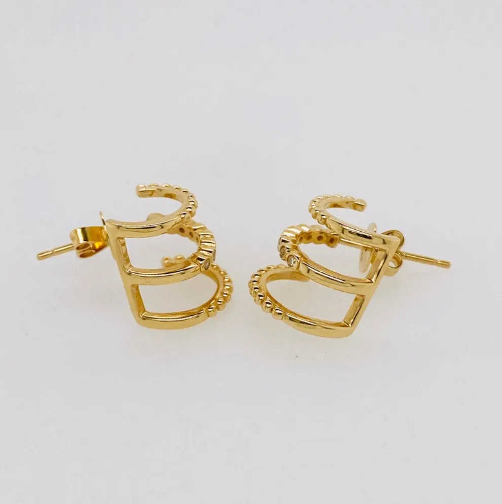 Triple Row Diamond Beaded Stud Earrings