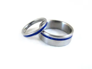 Unity (Deep Cosmic Blue) His & Hers Titanium and Blue Lapis Stone Inlay Wedding Set