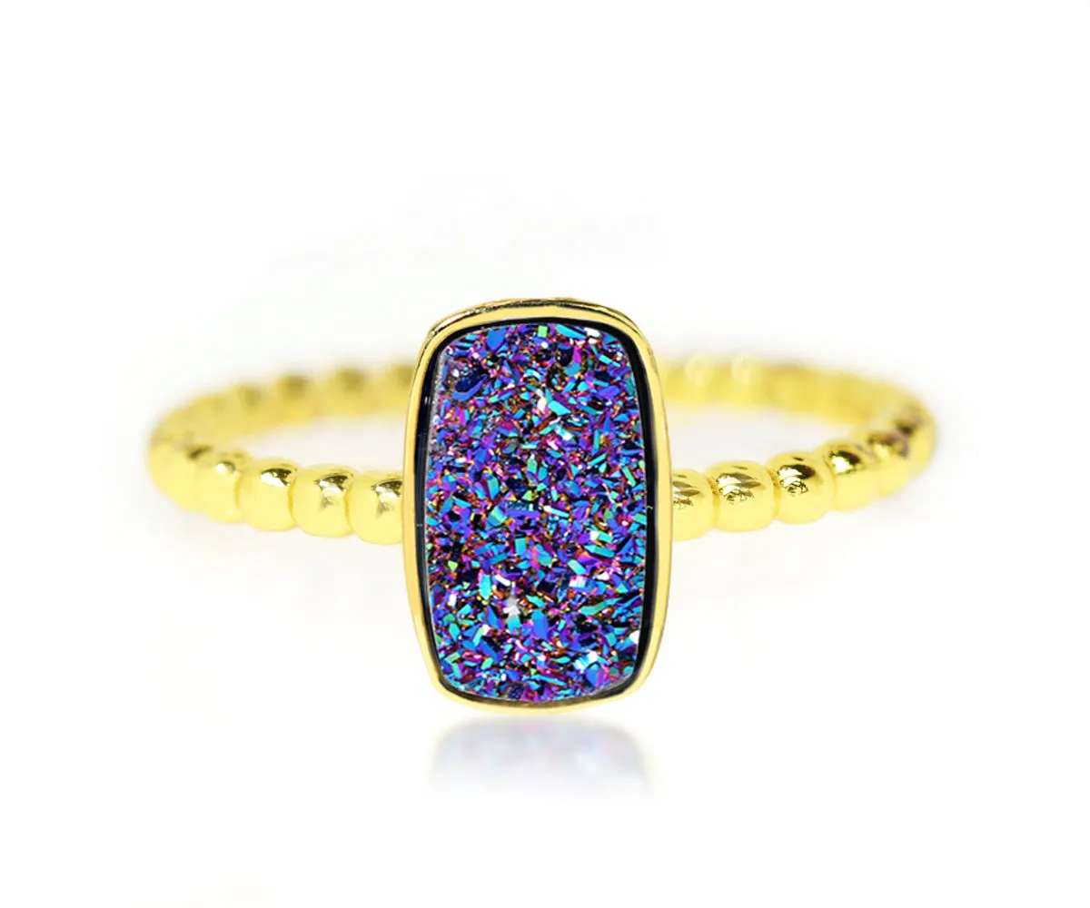Vertical Rectangle Purple Rainbow Druzy Gold Ring