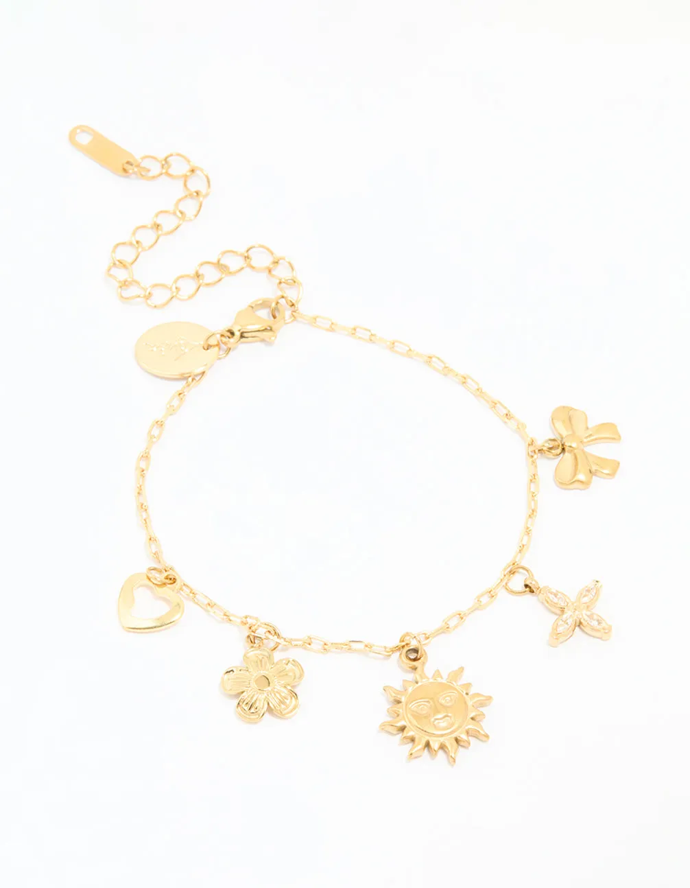 Waterproof Gold Plated Stainless Steel Flower & Sun Charm Bracelet