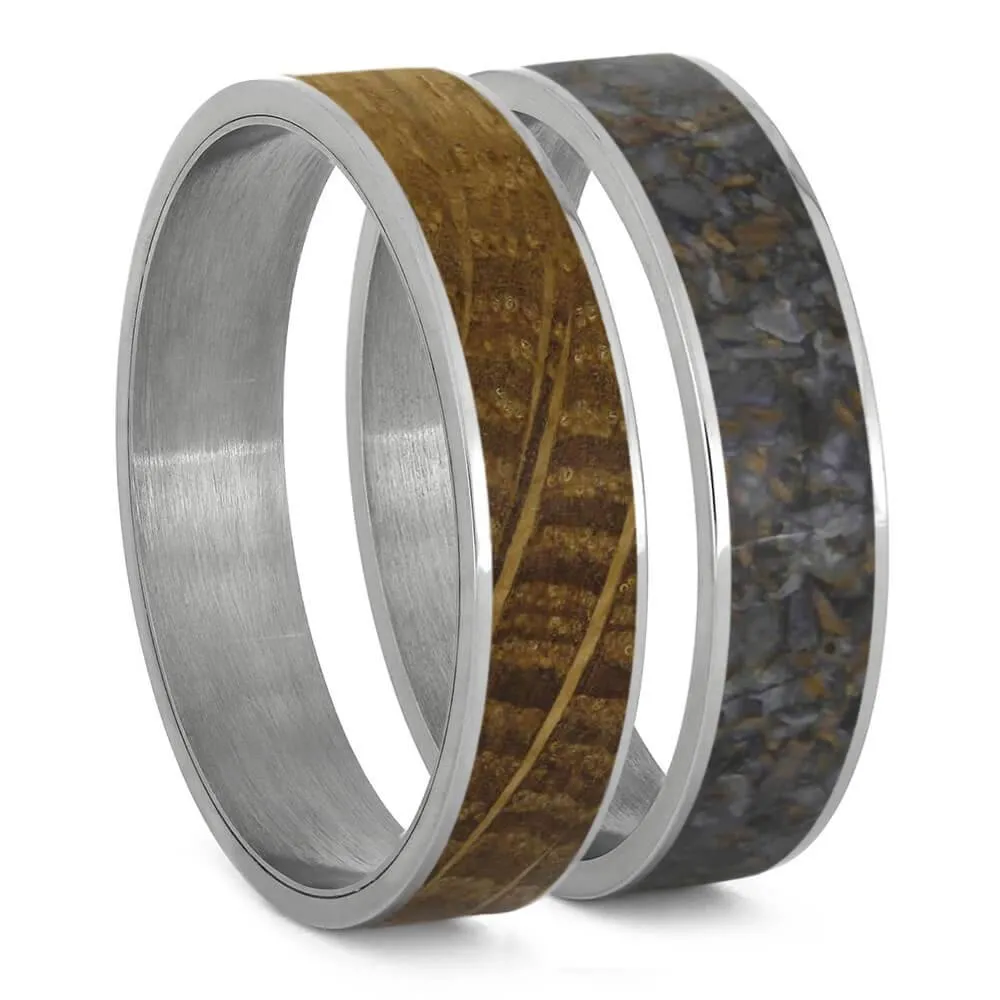 Whiskey Barrel Oak & Dinosaur Bone Modular Titanium Ring Set
