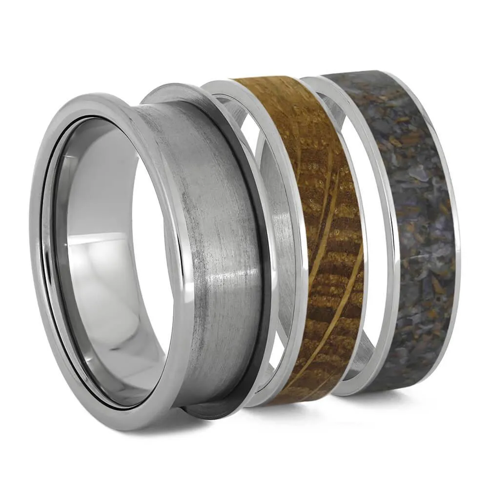 Whiskey Barrel Oak & Dinosaur Bone Modular Titanium Ring Set