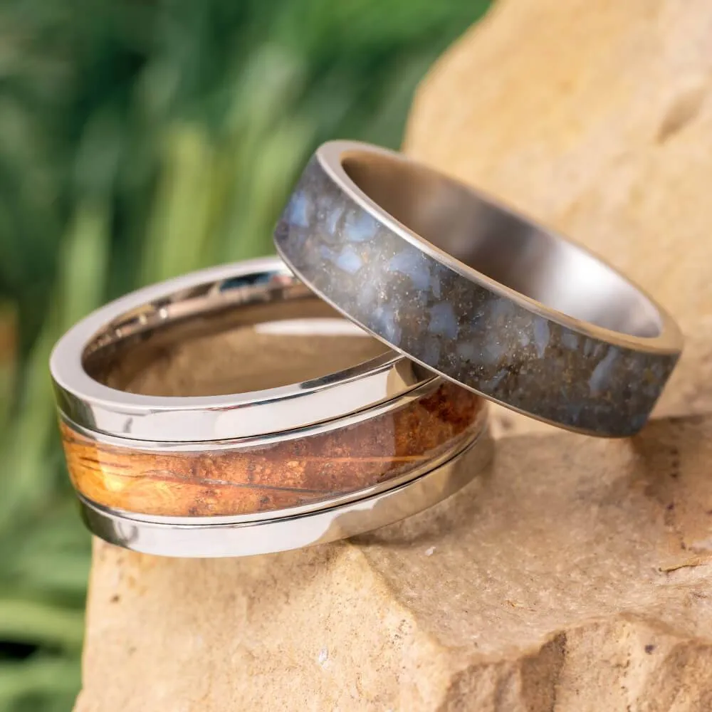 Whiskey Barrel Oak & Dinosaur Bone Modular Titanium Ring Set