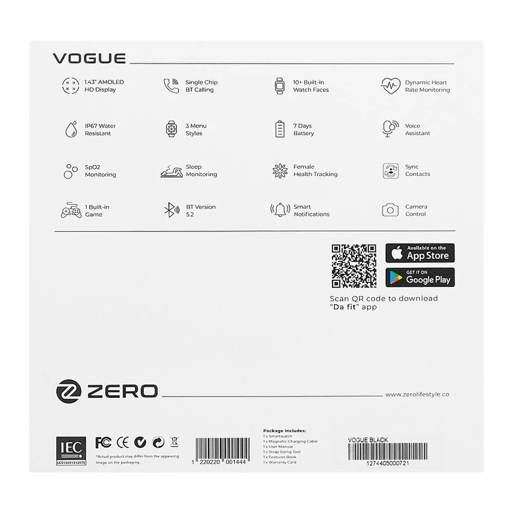 Zero 1.43" Amoled HD Display Vogue Smart Watch, IP67 Water Resistant, Black
