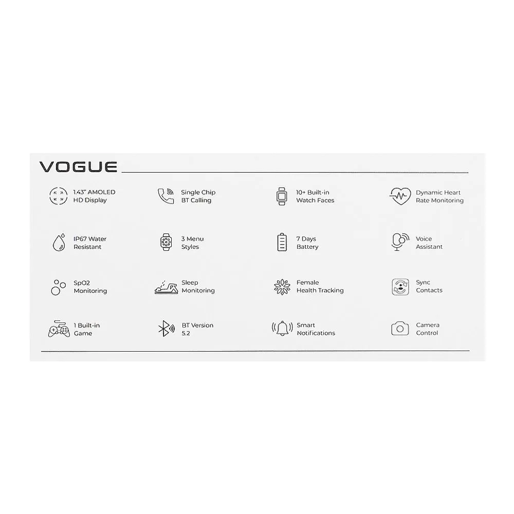 Zero 1.43" Amoled HD Display Vogue Smart Watch, IP67 Water Resistant, Black