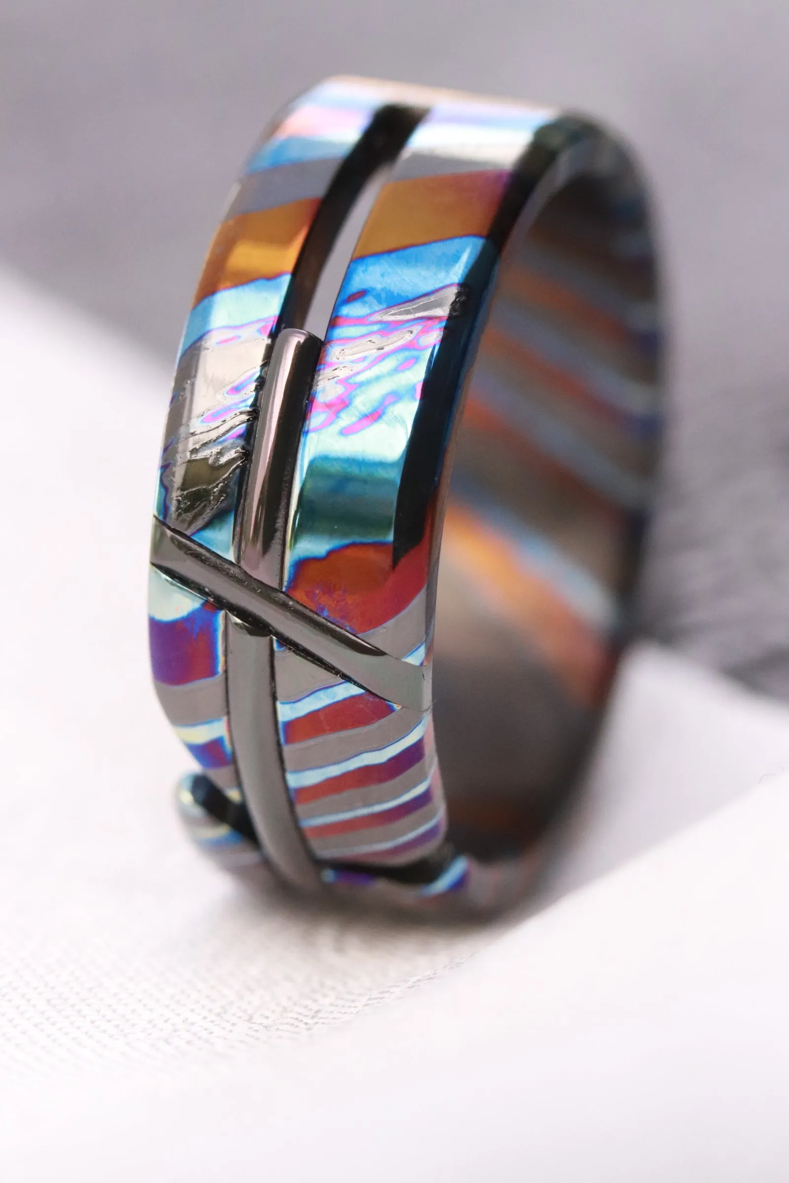ZrTi-LOAM" hybrid  handmade titanium zirconium damascus cross ring timascus wedding band mens rings