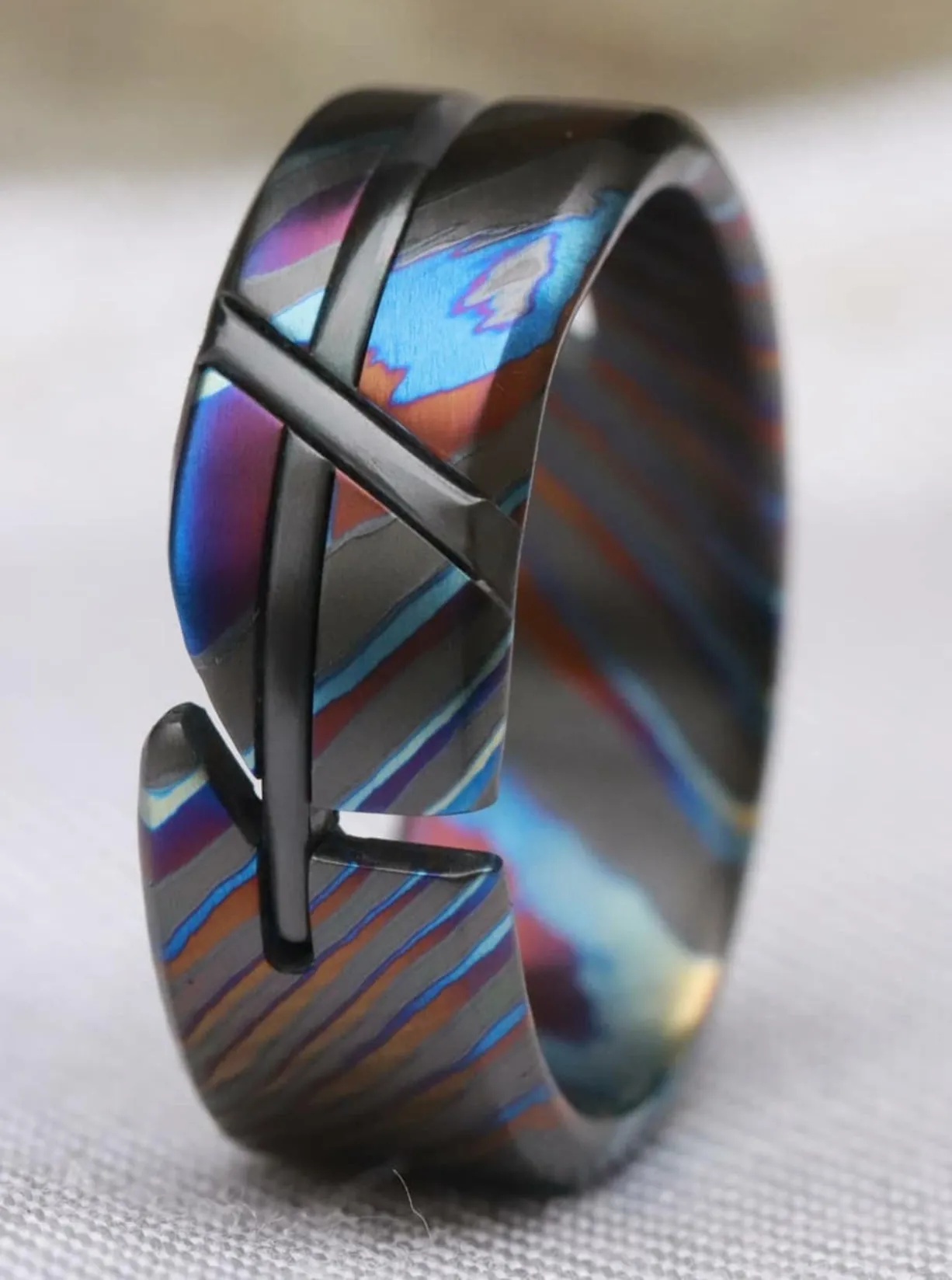 ZrTi-LOAM" hybrid handmade titanium zirconium damascus ring, cross ring , mens rings, zirconium titanium